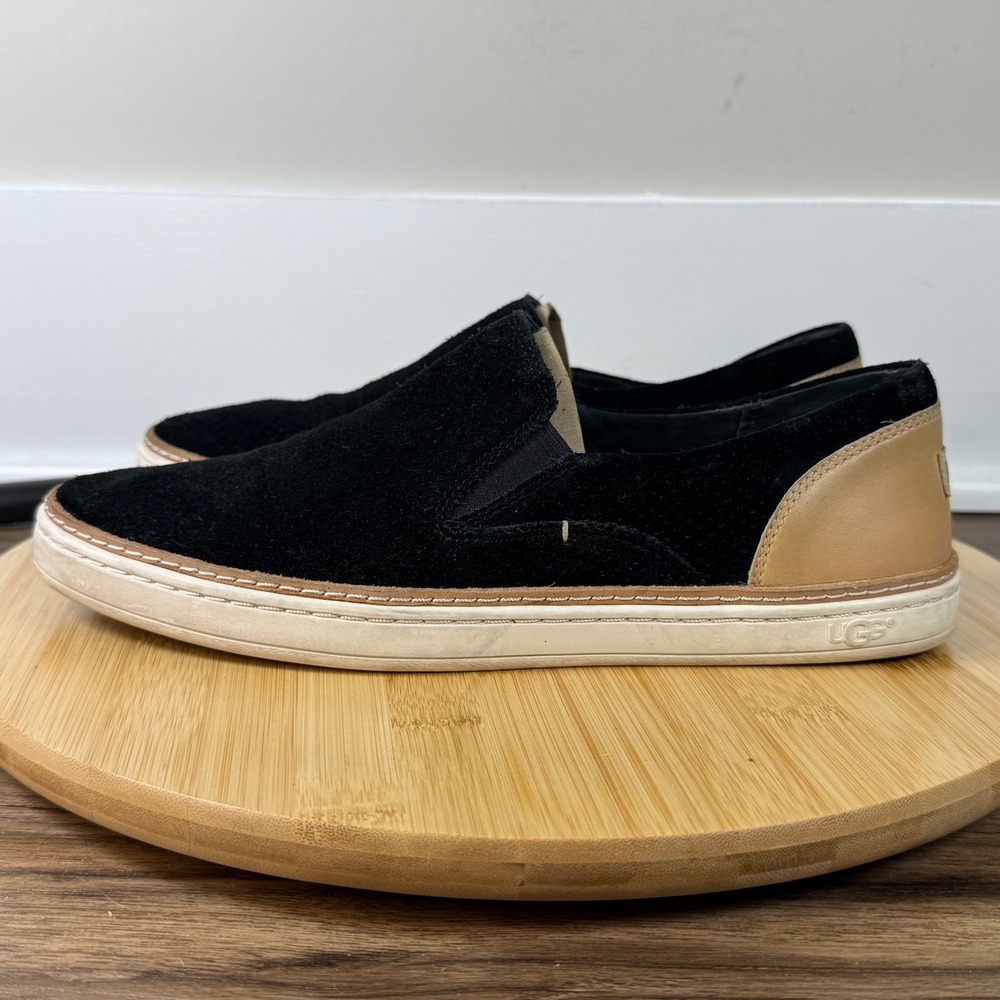 UGG Jass Slip On Sneakers Womens 8.5 Black Suede Tan Leather Good Condition - Picture 3 of 8